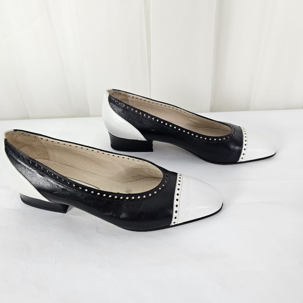 Caiman Leather Wingtip Perforated Pumps Black and White Shoes 36 - Picture 3 of 9